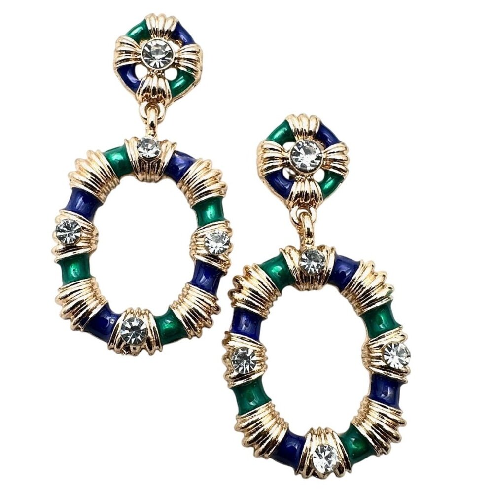 Womens Earrings Pierced Blue Green Enamel Clear Rhinestone Gold Tone Chandelier